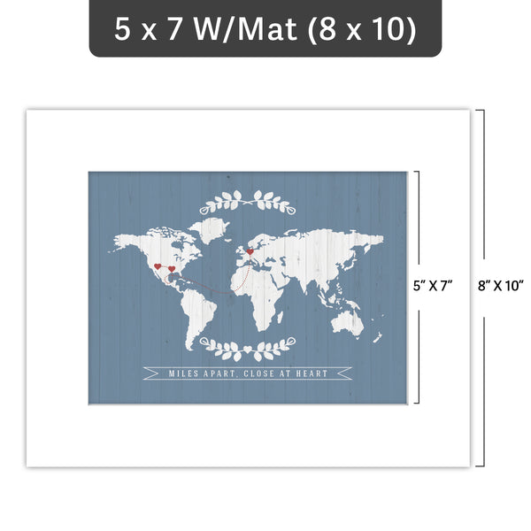 Matted personalized world map art print in a white mount, ready for an 8x10 frame