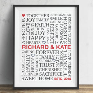 typographical romantic words wall art print for couples