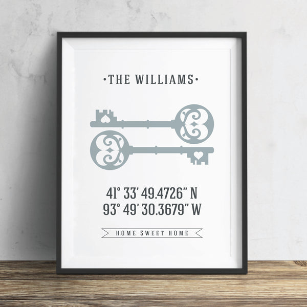 Clean home coordinates with family name wall art print in white background