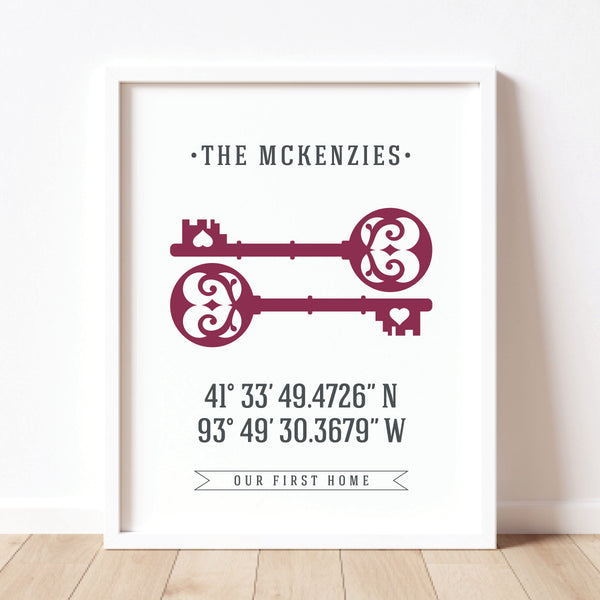 Custom minimalist housewarming gift featuring bold black and white GPS typography