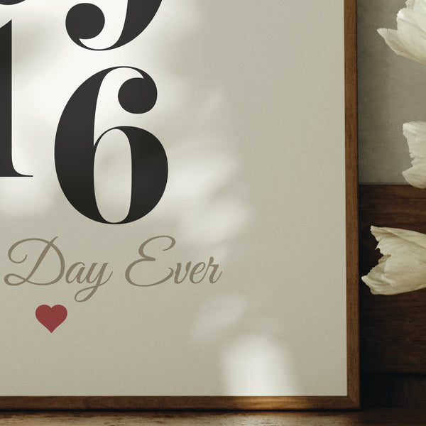 Modern typography close-up of custom numerical date and names on matte art paper