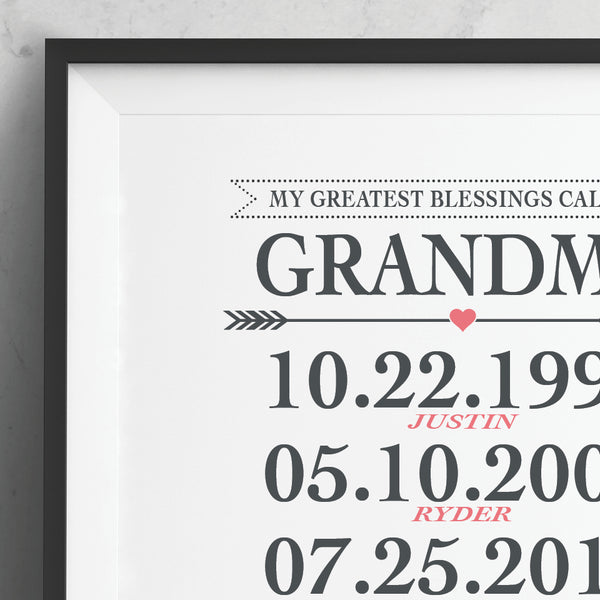 Personalized grandchild birth dates print gift for grandma_close-up