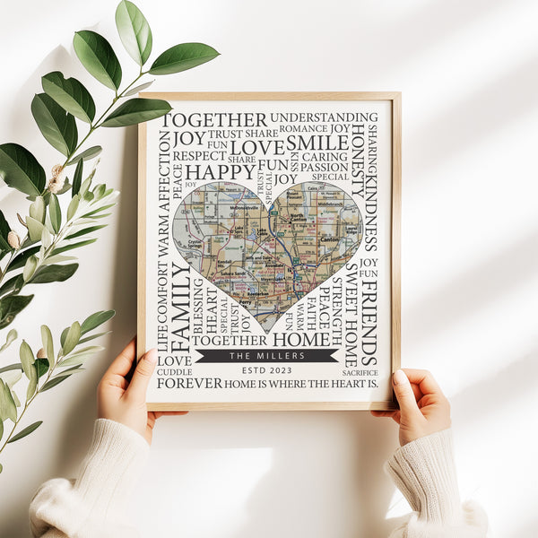 Personalized heart map wall art with family name and love words