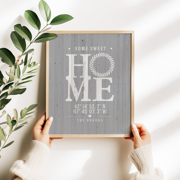 Custom housewarming gift featuring modern farmhouse GPS location typography art