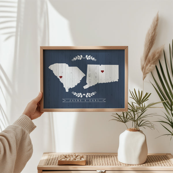Two states love map wall art displayed in modern living room – perfect romantic gift idea