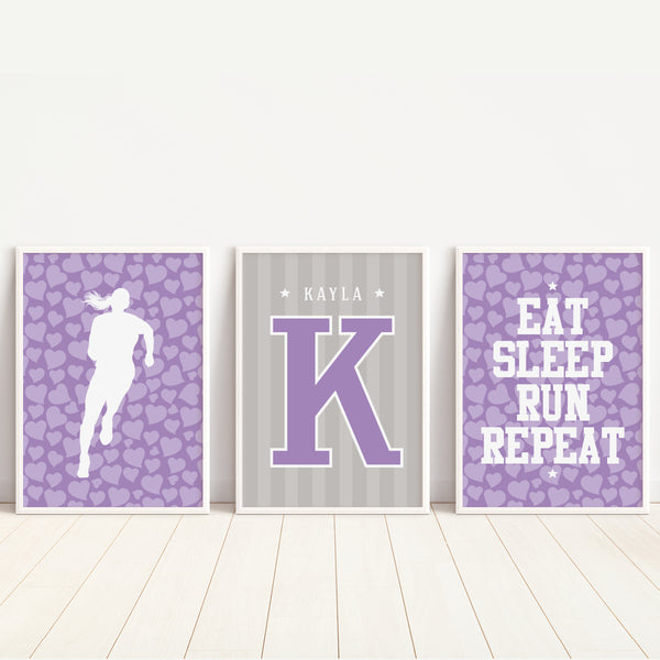 Set of 3 personalized female runner wall art prints with custom name and inspirational words