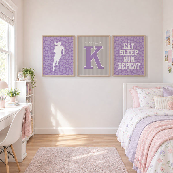 Personalized track runner room decor displayed on a gallery wall in a tween bedroom setup