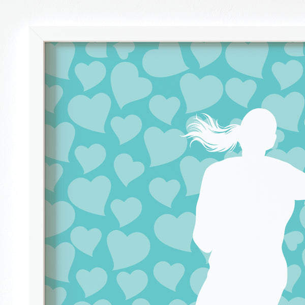 Detailed graphic illustration of a female runner mid-stride on archival fine art paper
