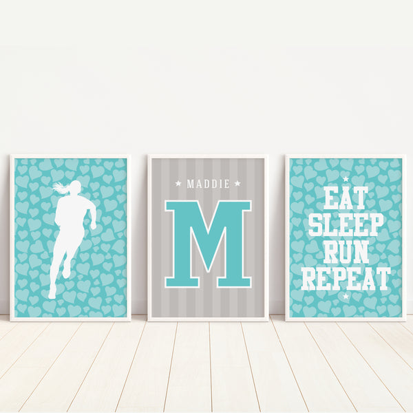 Minimalist runner graphic print with bold athletic typography in mint