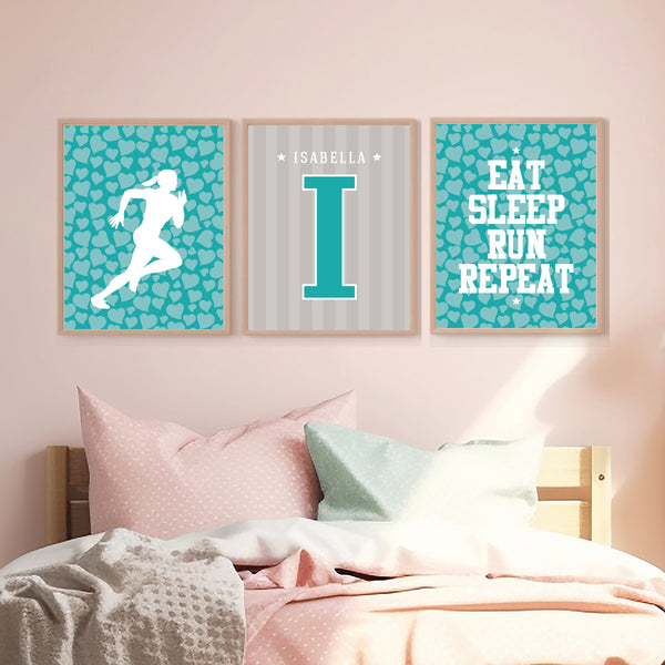Set of 3 personalized track and field runner art prints framed in a teen girls bedroom