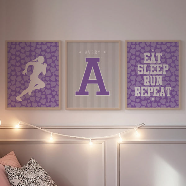 Set of 3 female runner wall art prints displayed above a bed on a tween bedroom gallery wall