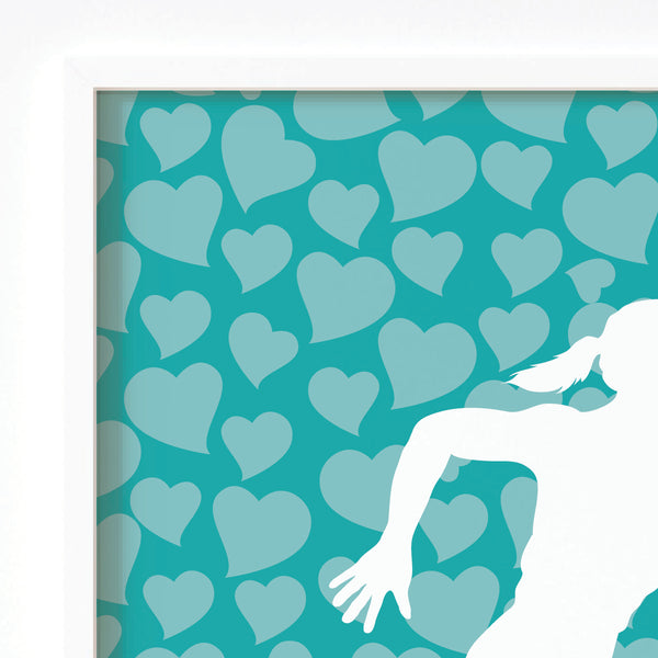 Close-up detail of personalized runner girl artwork showing custom name and track details on matte paper
