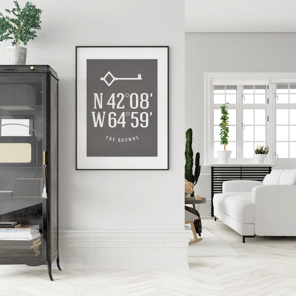 Sleek unframed personalized entry way print celebrating family surname and coordinates