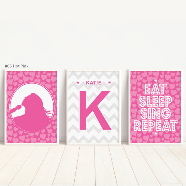 Set of 3 singer girl wall art prints featuring microphone and singer illustrations