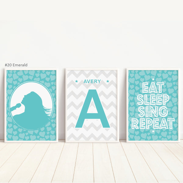 Set of 3 singer girl prints in simple white picture frames side by side