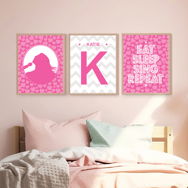 Music-themed wall art set styled on a white gallery wall in a teen bedroom setup