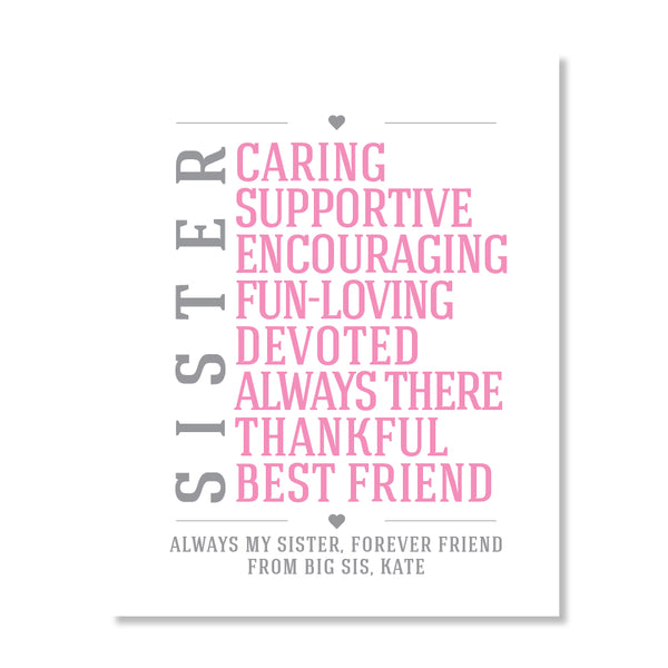 Print with text describing a sister's qualities and role, on a white background.