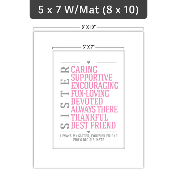 Print with text about a sister and its dimensions on a white background