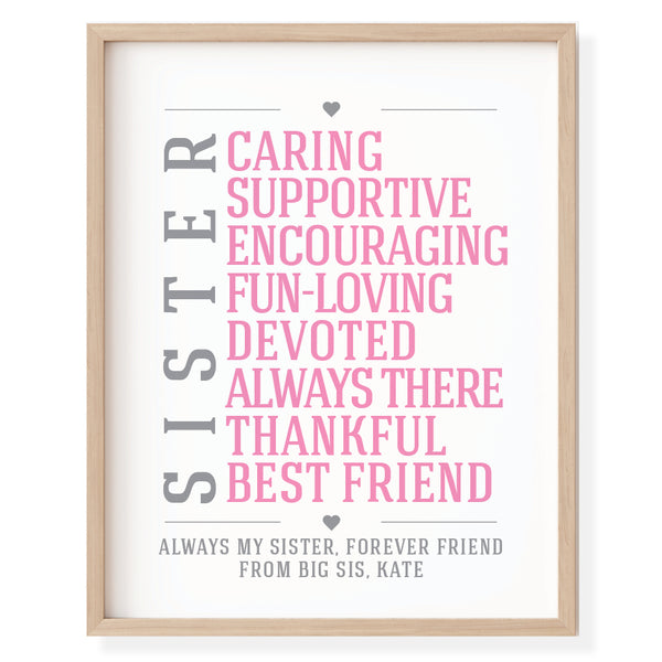 Personalized sister friend gift with custom name and sentimental friendship quotes