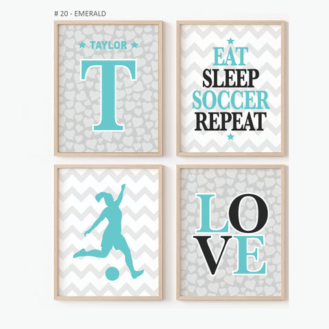 personalized soccer wall art set for girls bedroom – set of 4 prints