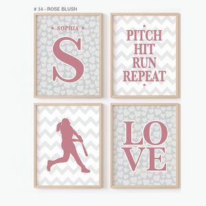 Personalized softball girl wall art set of 4 prints