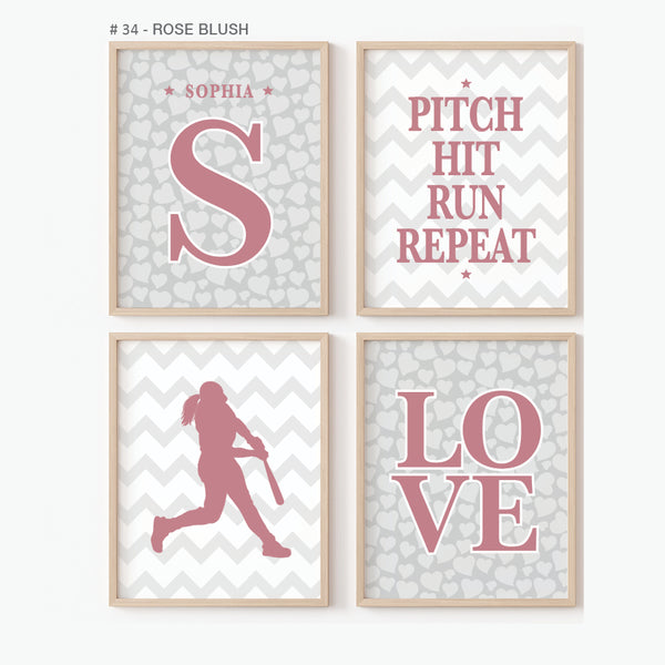 Personalized softball girl wall art set of 4 prints
