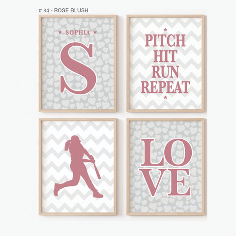 Personalized softball girl wall art set of 4 prints
