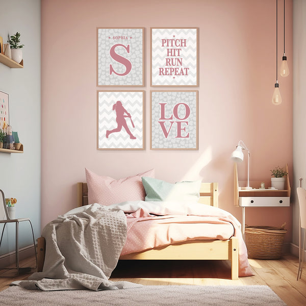 Set of four softball girl silhouettes wall art for her