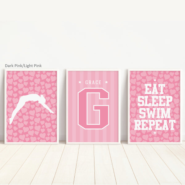 Set of 3 sports art prints for competitive swimmers room decor gift