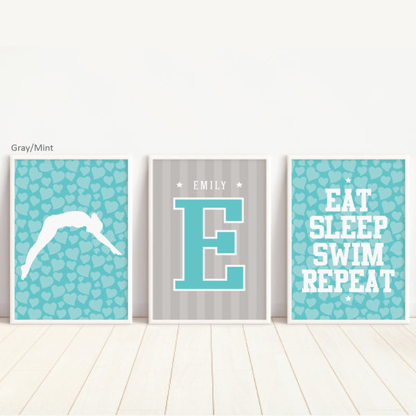 Minimalist swimming girl prints set in blue, white, and aqua color palette