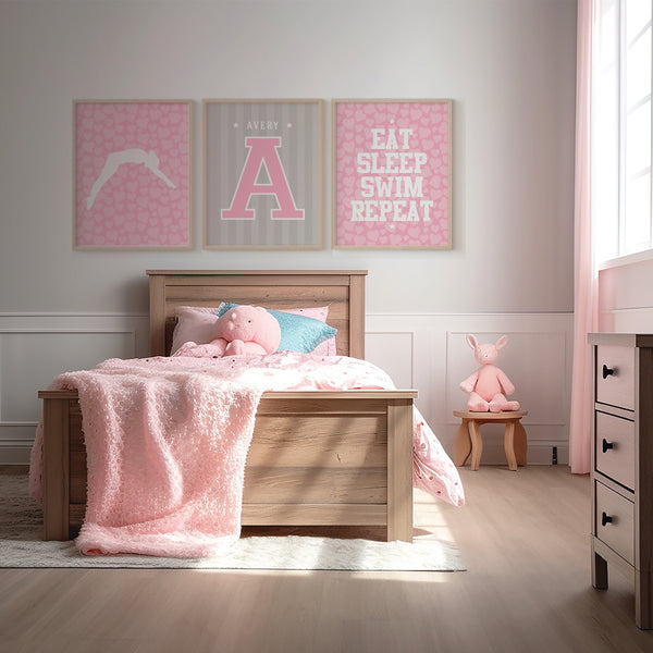 Cohesive 3-piece sports art layout mounted on a light gray nursery or kids room wall