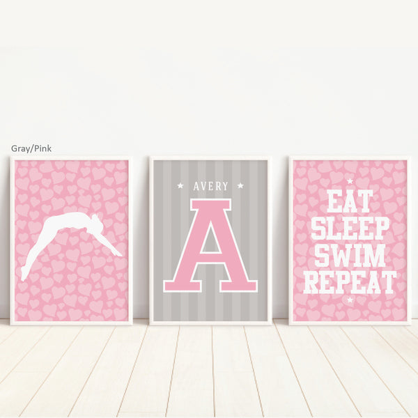 Set of three swimmer girl art prints