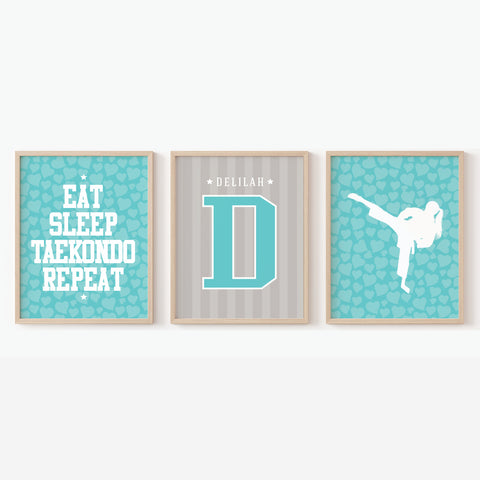 Taekwondo Girl Wall Art Set of 3 with Name