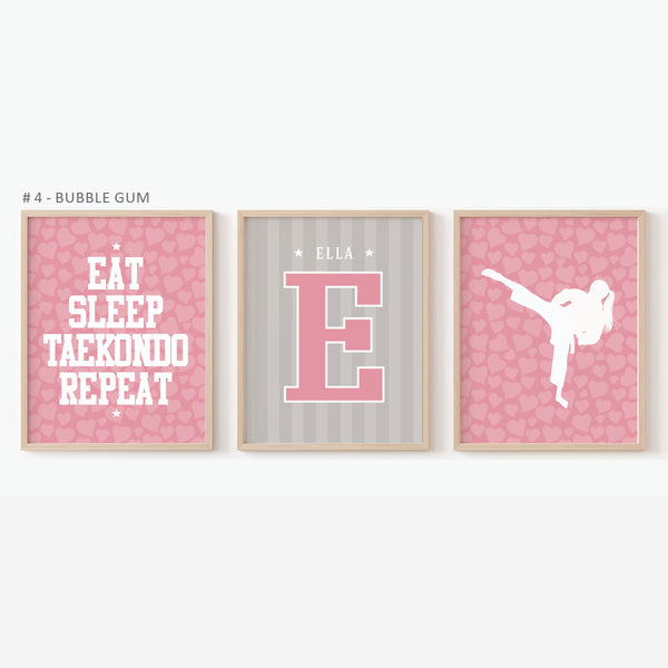 Taekwondo Girl Wall Art Set of 3 with Name