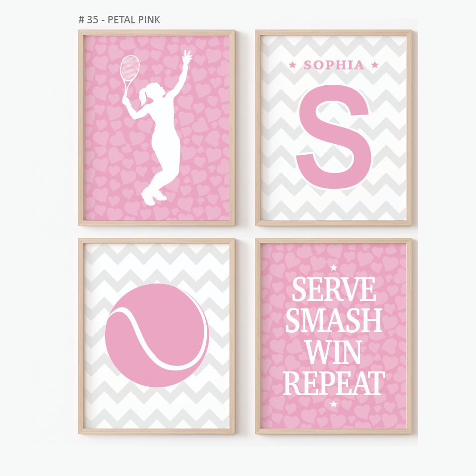 Personalized tennis girl wall art set of 4 with name