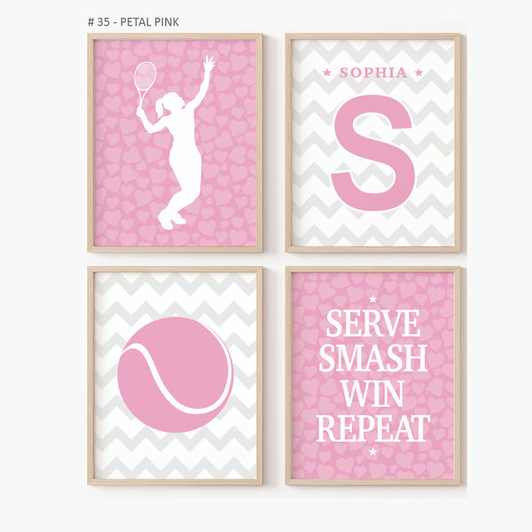 Personalized tennis girl wall art set of 4 with name