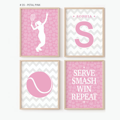 Personalized tennis girl wall art set of 4 with name