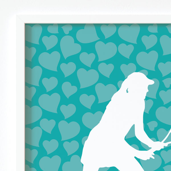 Close-up of tennis art prints highlighting bold typography and graceful tennis player illustrations