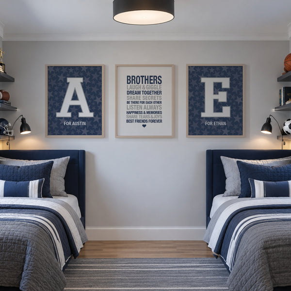 Twin Brothers Shared Room Wall Art – Set of 3 Minimalist Prints for Brothers' Bedroom