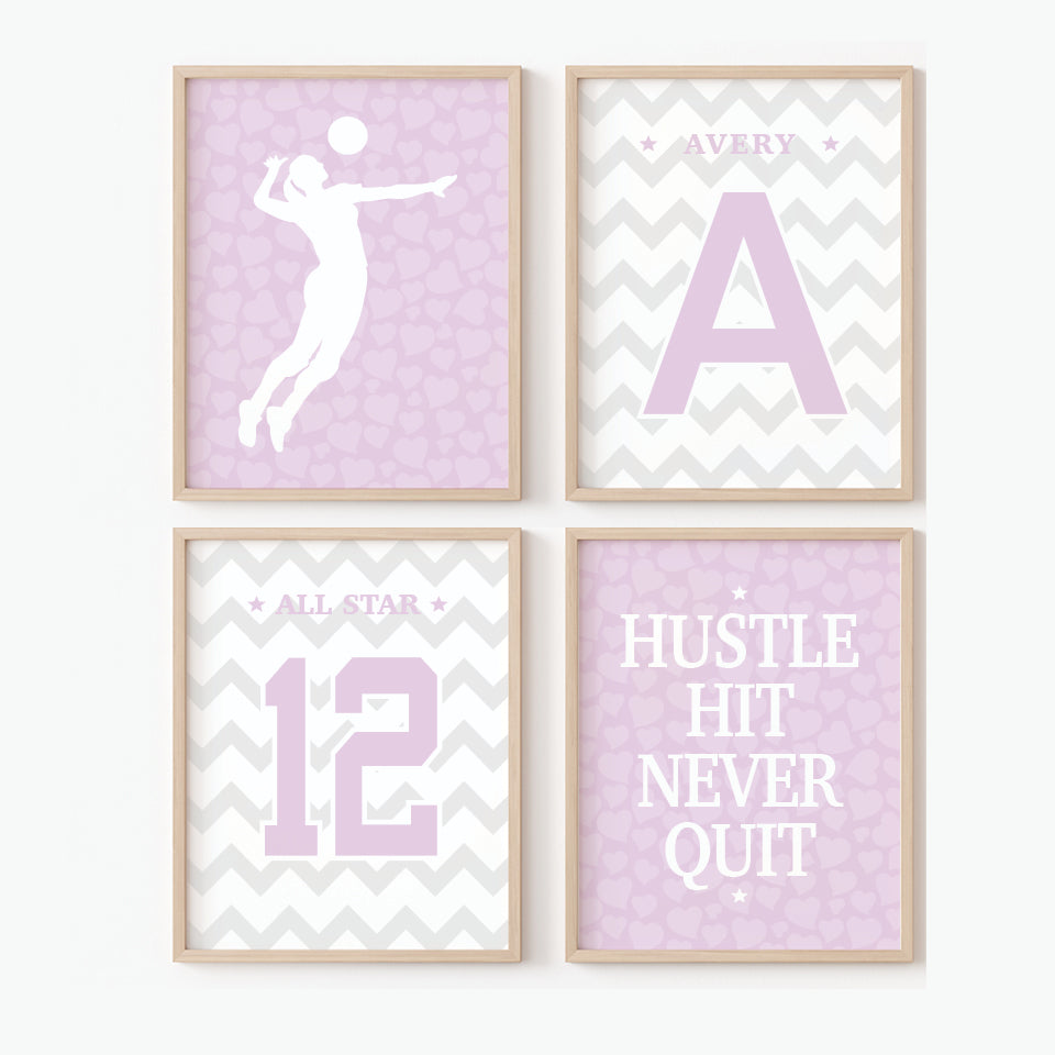 set of four pastel volleyball prints unframed, minimal modern girls room wall art, blush lavender blue sports artwork
