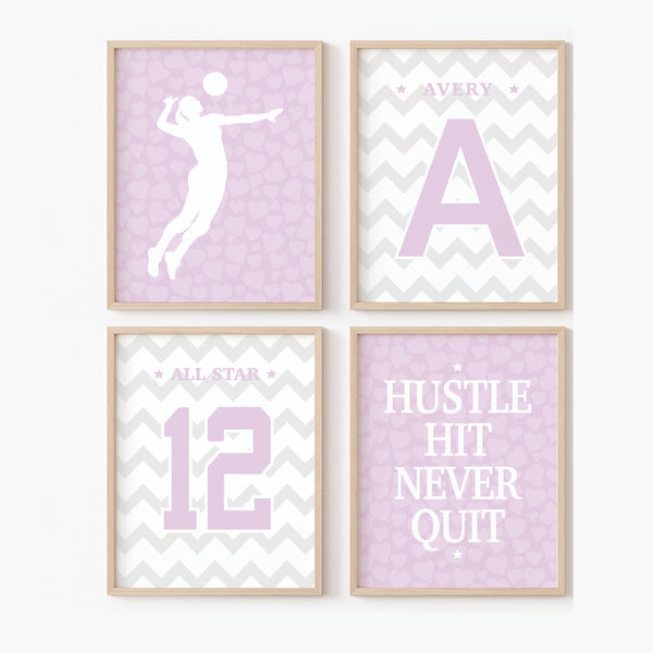 set of four pastel volleyball prints unframed, minimal modern girls room wall art, blush lavender blue sports artwork