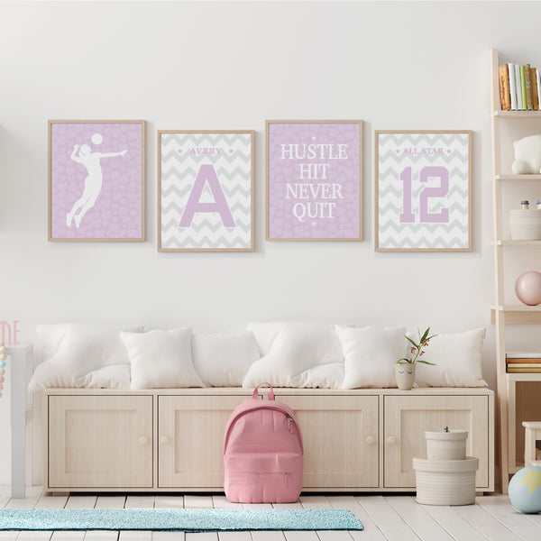 pastel volleyball wall art set of 4 prints displayed on girls bedroom wall, modern soft pastel sports decor