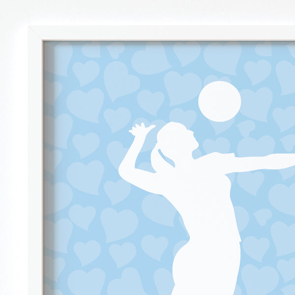 close up of volleyball wall art print in  blue tones, modern minimalist design for girls room