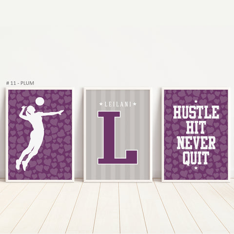 Set of 3 vibrant volleyball girl wall art prints with motivational quotes for teen athletes