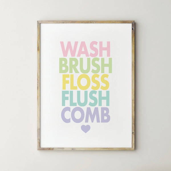 Wash Brush Floss Flush Girls Bathroom Decor