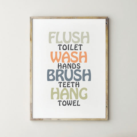 Wash Flush Brush Wall Bathroom Rules Art