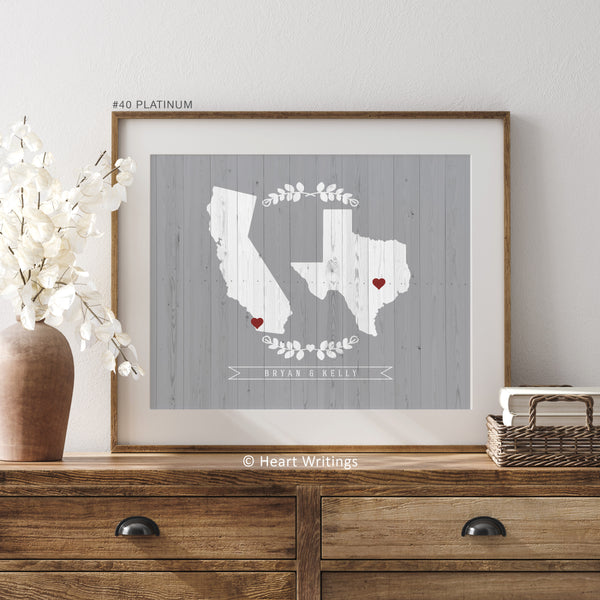 Personalized Two States Love Map Print in light gray