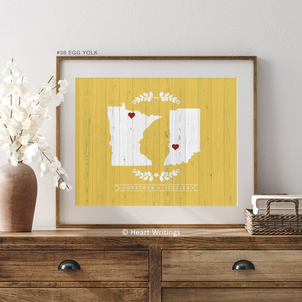 Personalized Two States Love Map Print in yellow