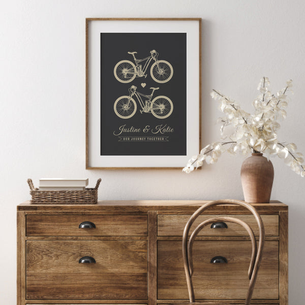 Modern romantic wall art bicycle couple illustration