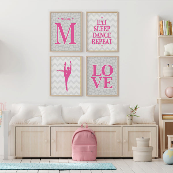 Set of four dance quote prints displayed on a bedroom wall, adding a motivational touch to a girl's room decor